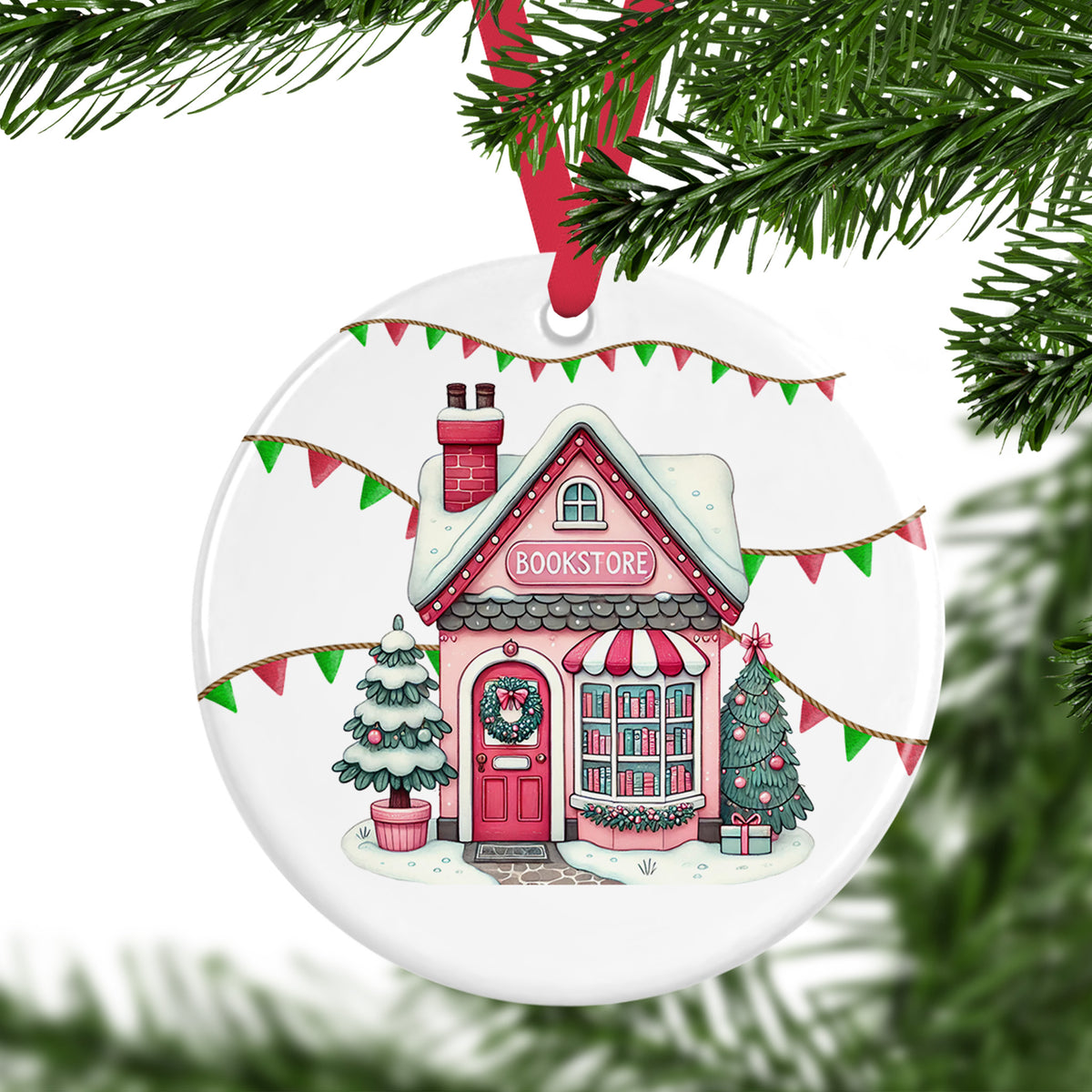 Bookstore At Christmas Ceramic Ornament
