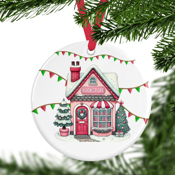Bookstore At Christmas Ceramic Ornament