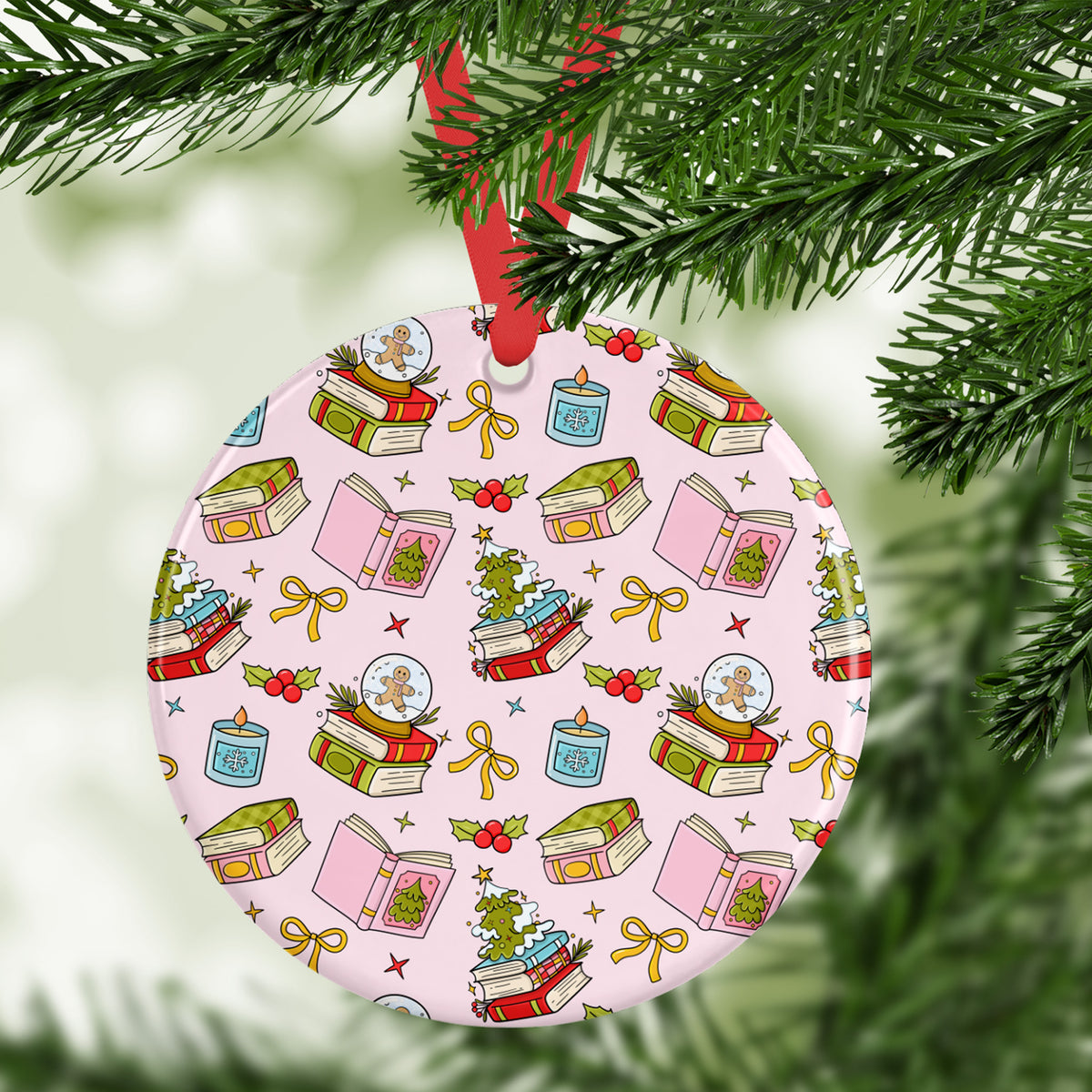 A Cozy Pink Christmas Ceramic Ornament