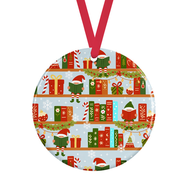 Elves Reading On Shelves Ceramic Ornament