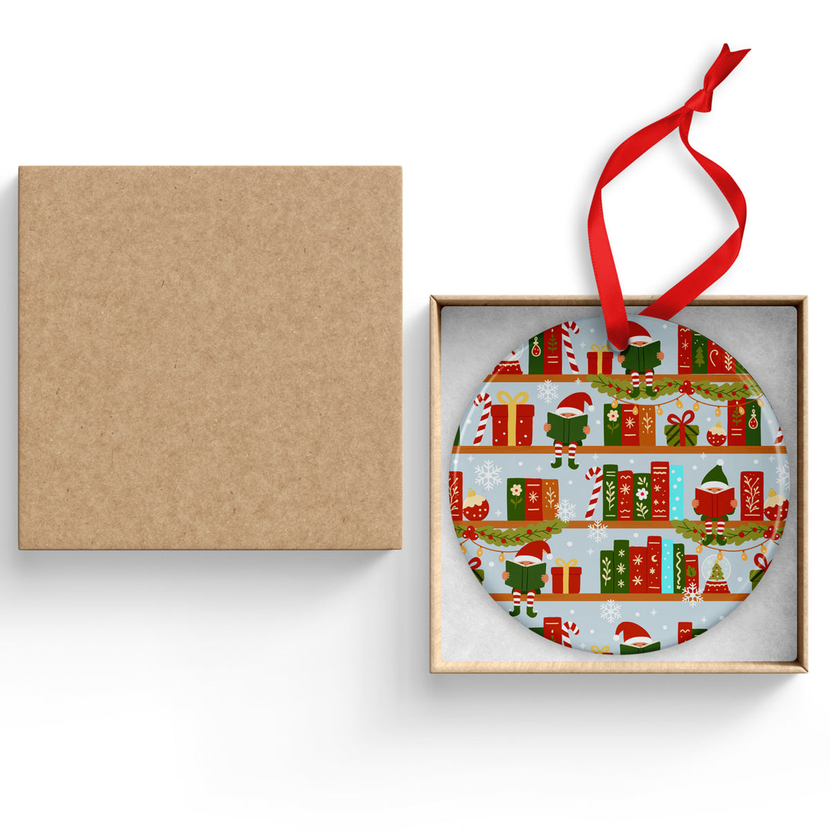 Elves Reading On Shelves Ceramic Ornament