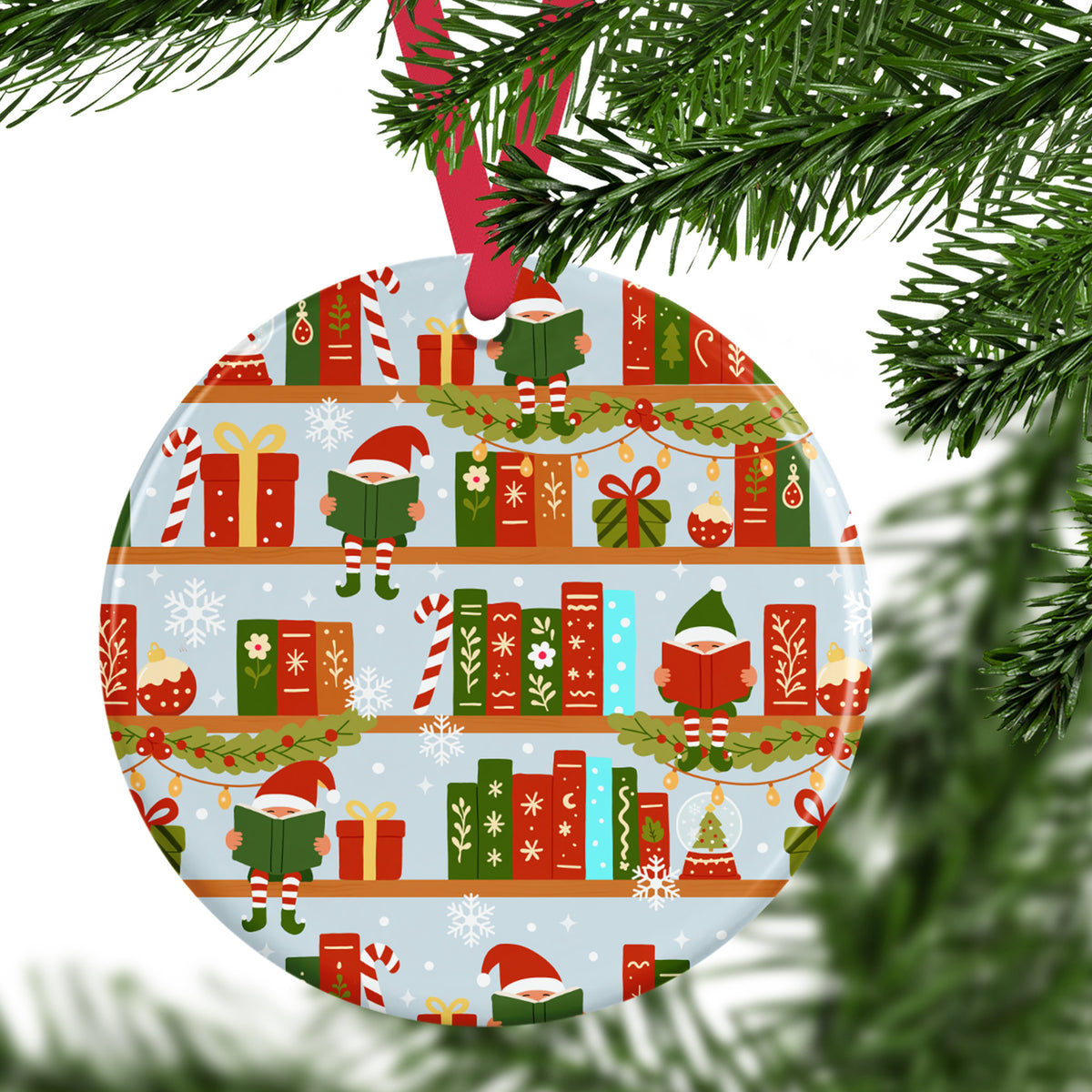 Elves Reading On Shelves Ceramic Ornament