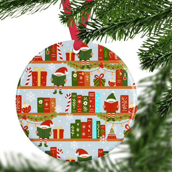 Elves Reading On Shelves Ceramic Ornament